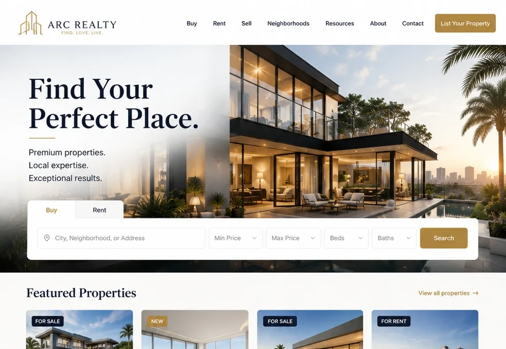 Arc Realty real estate homepage