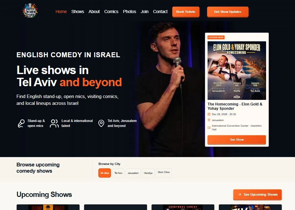 דוגמה לעיצוב אתר לאירועי סטנדאפ — English Comedy Tel Aviv